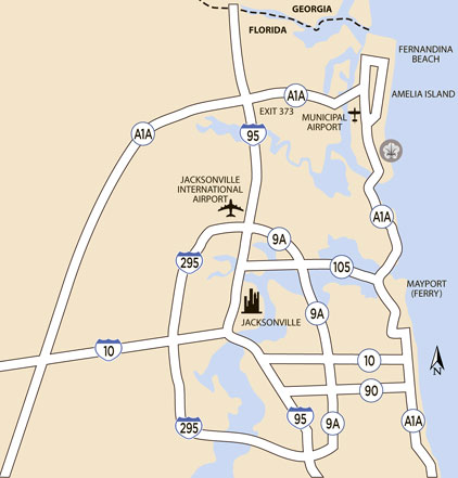 Area Map of Jacksonville Airport to Amelia Island